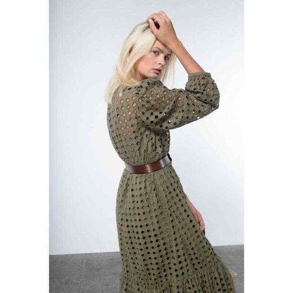 V.DE. Vinster Olive Green Boho Cottage Shiffli Eyelet Midi Dress Size Medium - Picture 2 of 10